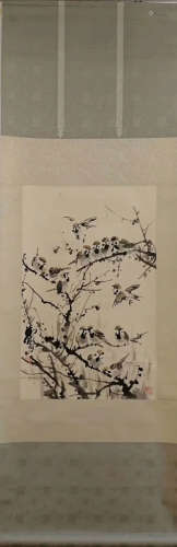 A Chinese Bird Painting Scroll, Huang Zhou Mark