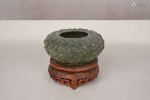 A Chinese Hetian Jade Carved Chi Dragon Brush Washer