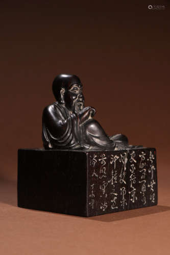 A Chinese Red Sandalwood Figure Carved Square Seal