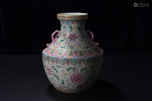 A Chinese Famille Rose  Twine Pattern Porcelain Double Ears Zun