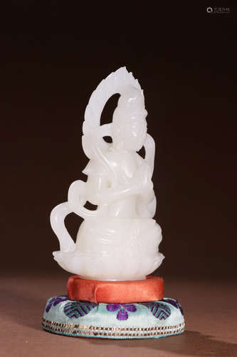 A Chinese White Hetian Jade Carved Guanyin Statue