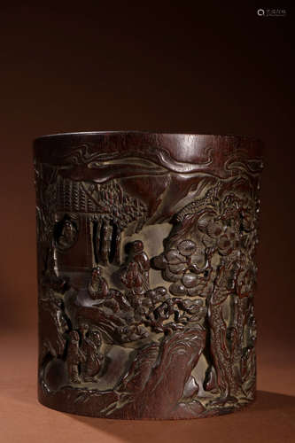 A Chinese Red Sandalwood Carved Brush Pot