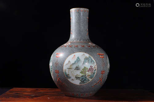 A Chinese Ink Colored Landscape Porcelain Vase