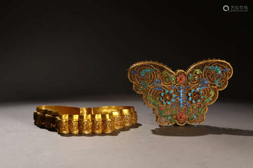 A Chinese Gilded Silver filigree Blueing Butterfly Shaped Box