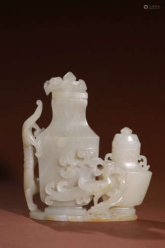 A Chinese Hetian Jade Carved Dragon&phoenix Pattern Duplex Vase