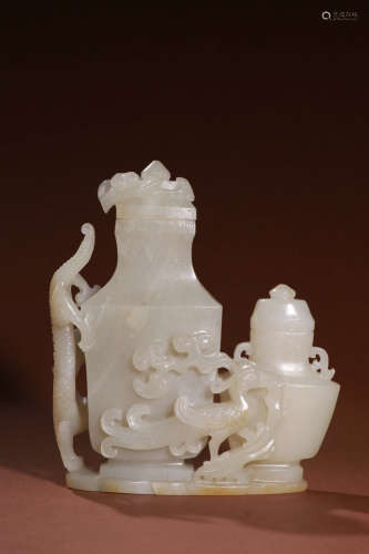 A Chinese Hetian Jade Carved Dragon&phoenix Pattern Duplex Vase