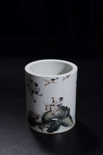 A Chinese Famille Rose Crane Painted Porcelain Brush Pot