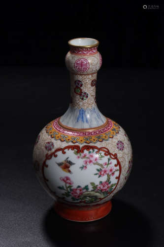 A Chinese Famille Rose Flower&Bird Pattern Porcelain Garlic Bottle