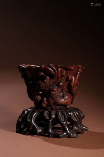 A Chinese Bamboo Dragon carved Cup