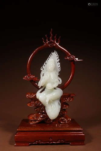 A Chinese Hetian Jade Carved Guanyin Statue