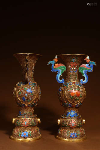 A Pair of Chinese Gilded Silver Filigree Vase