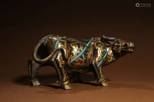 A Chinese Gold and Silver Inlaying Cow Ornament