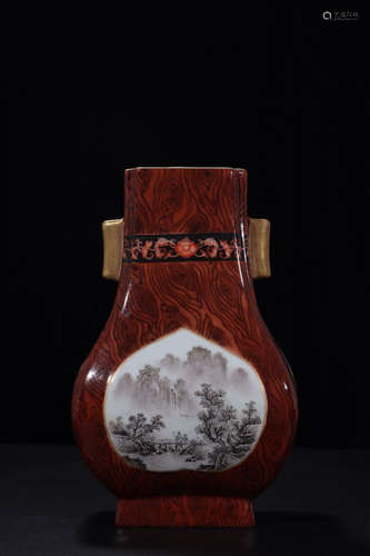 A Chinese Wood Grain Glazed Landscape Porcelain Vase