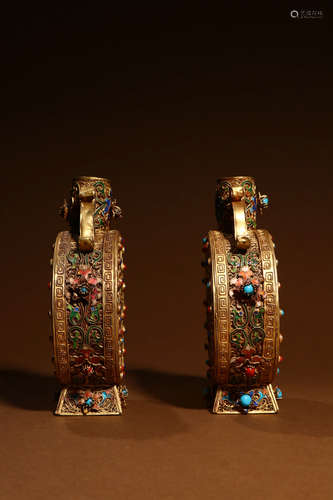 A Pair of Chinese Gilded Silver Lotus Pattern Oblate Vase