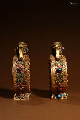 A Pair of Chinese Gilded Silver Lotus Pattern Oblate Vase