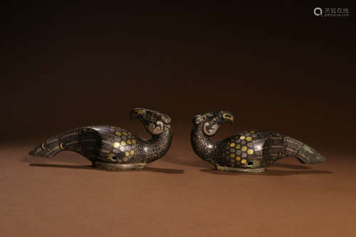 A Pair of Chinese Gold and Silver Inlaying Bird Ornament
