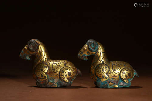 A Pair of Chinese Gilded Copper Sheep Ornaments