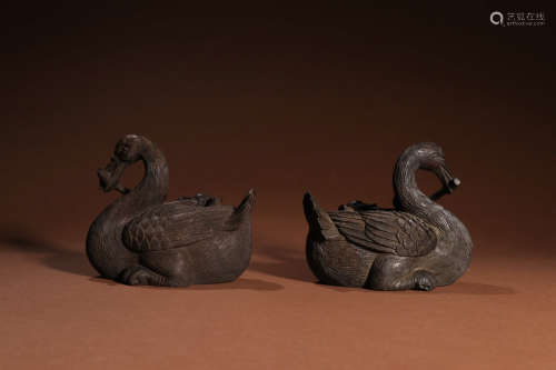 A Pair of Chinese Red Sandalwood Carved Swan Ornaments