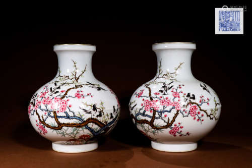 A Pair of Chinese Famille Rose Plum Blossom Porcelain Vase