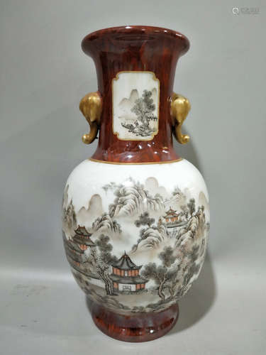 A Chinese Ink Colored Landscape Porcelain Vase