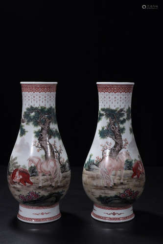 A Pair of Chinese Horse Painted Porcelain Vase