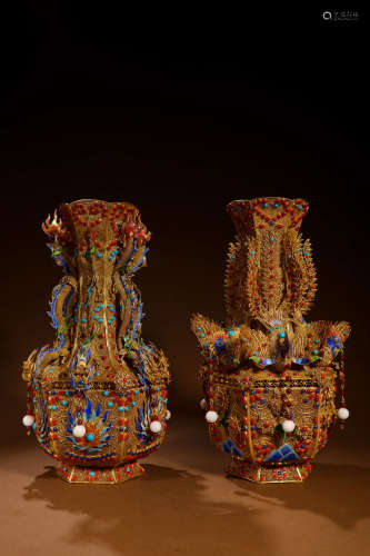 A Pair of Chinese Gilded Silver Filigree Dragon&phoenix Pattern Vase