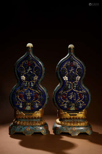 A Pair of Chinese Lasurite Inlaid Cloisonne Gourd-shaped Ornaments