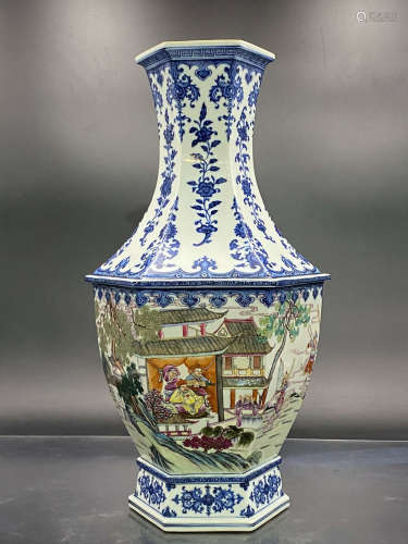 A Chinese Famille Rose Figures Painted Porcelain Hexagon Vase