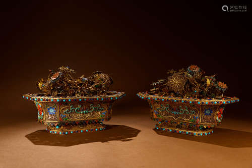 A Pair of Chinese Gilded Silver Filigree Bonsai Ornament