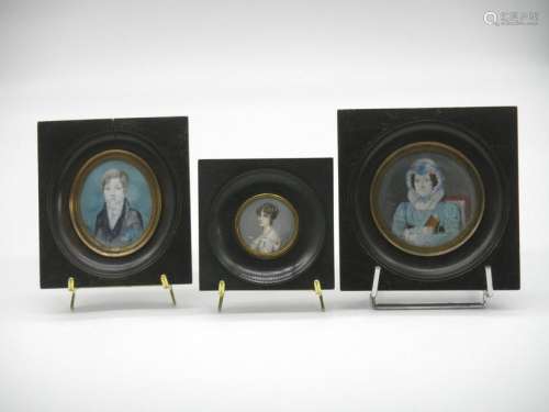 Set of three framed miniatures. \nYoung man signed …