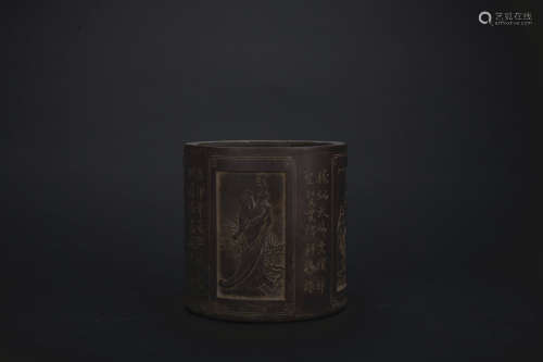 Qing dynasty Zi sha pen container with figures and poems pattern