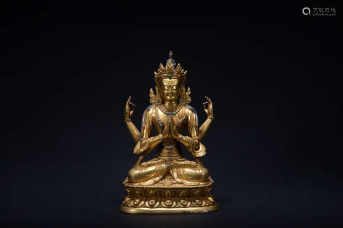 Qing dynasty gilt bronze statue of Four-armed Gwan Yin