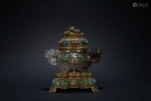 Qing dynasty gilt silver jade incense burner