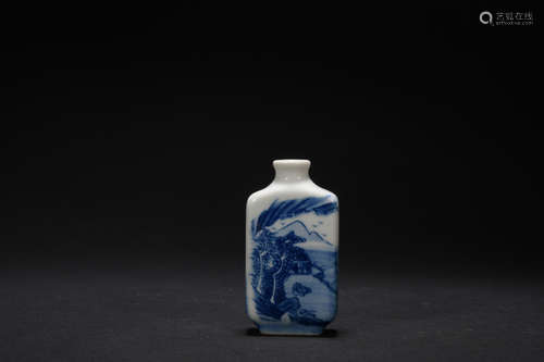 Qing dynasty blue and white snuff bottle with landscape pattern