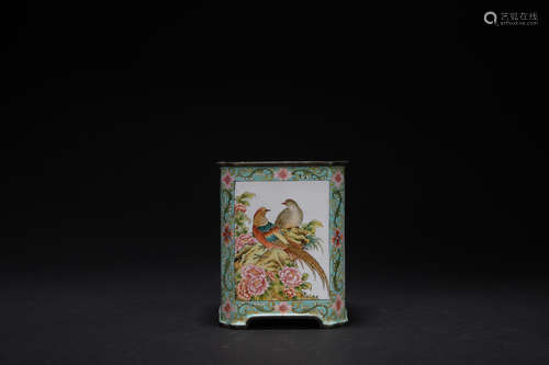 Qing dynasty enamel pen container with flowers and birds pattern