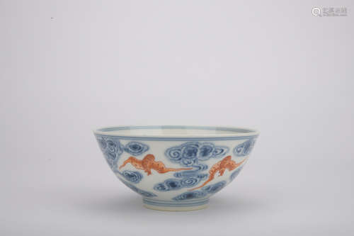 Qing dynasty Guangxu period blue and white bowl with five bats pattern