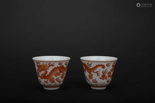 Qing dynasty red glaze cup with dragon pattern 1*pair