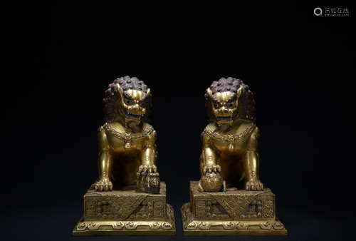 Qing dynasty gilt bronze lion 1*pair