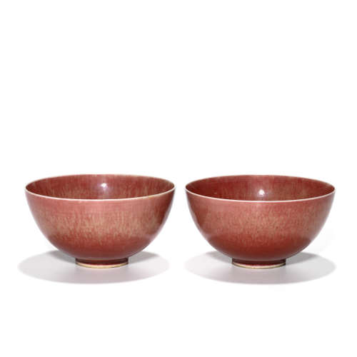 Three peachbloom glazed porcelain bowls  Kangxi marks, Late Qing/Republic period