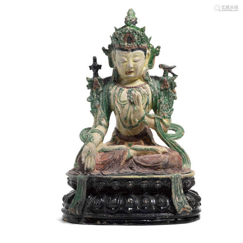 A SANCAI GLAZED POTTERY FIGURE OF GUANYIN  Ming dynasty