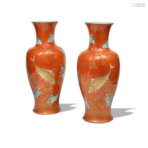 A PAIR OF CORAL-RED AND GILT ENAMELED BALUSTER VASES   Qianlong marks, Republic period