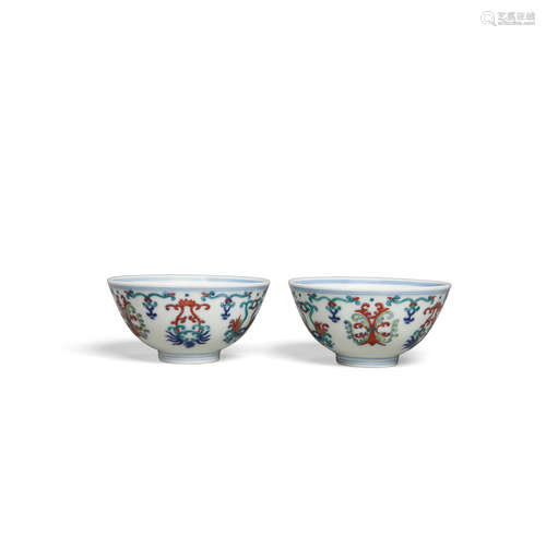 A pair of small doucai enameled porcelain bowls  Yongzheng marks