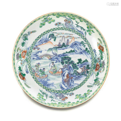 A LARGE DOUCAI ENAMELED FIGURAL DISH  Kangxi