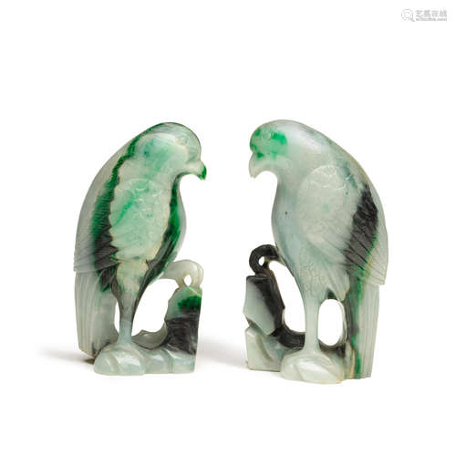 A PAIR OF CARVED JADEITE BIRDS