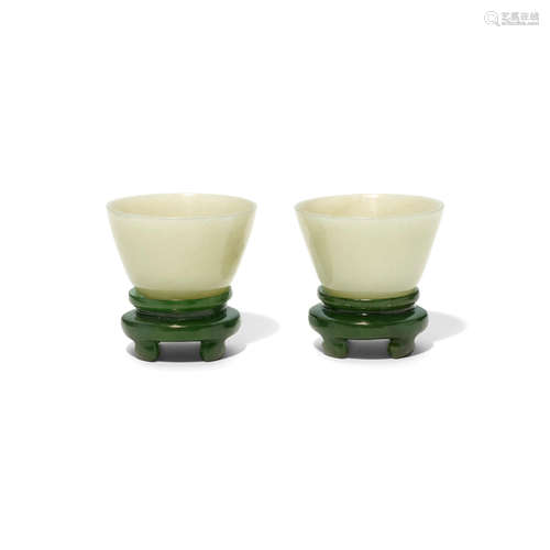 A PAIR OF CARVED JADE WINE CUPS AND STANDS  19th century