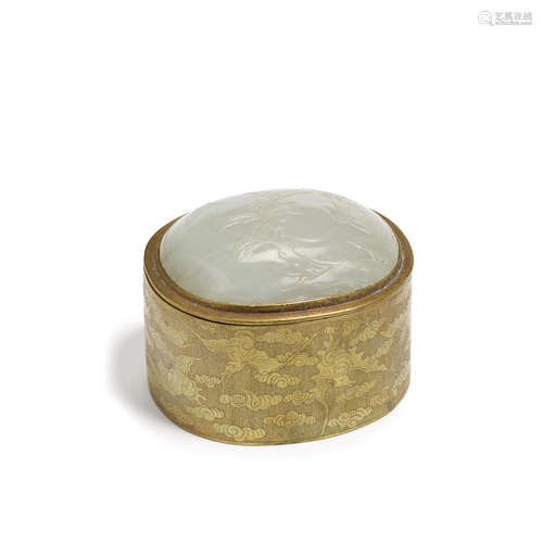 A JADE PLAQUE MOUNTED BRASS BOX AND COVER   Qing dynasty