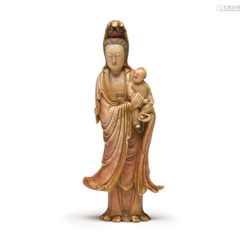 A fine soapstone carving of Guanyin and child  19th century