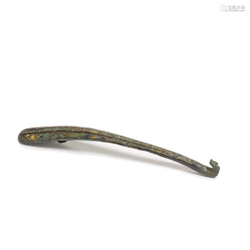 An inlaid cast bronze garment hook  Warring States