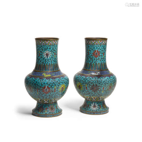 TWO CLOISONNE ENAMEL BALUSTER VASES  Jingtai marks, possible Late Ming dynasty elements