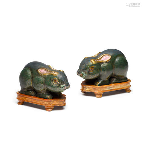 A PAIR OF CLOISONNE RABBITS